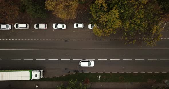 Drone View From Above to the Road Traffic in Autumn Time