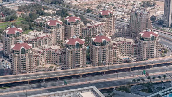 Aerial View of Highway Interchange in Dubai Downtown Evening Timelapse