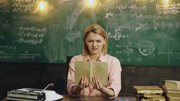 Upset Female Student Negative Emotions Bad Sad Unhappy Face Near Blackboard