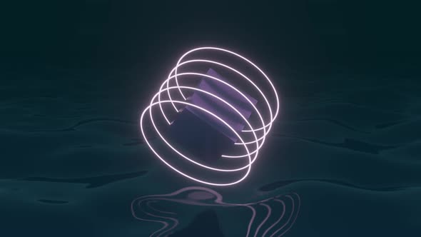 Neon glowing circles around cube in a dark space. Seamless loop simple 3d animation