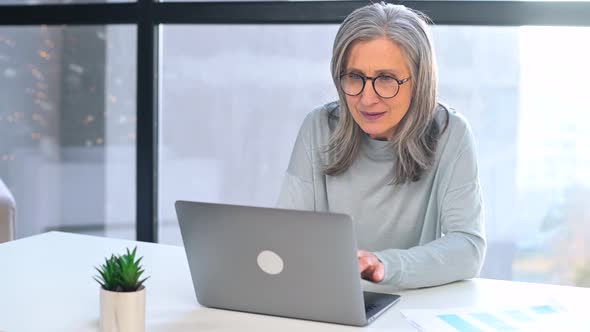 Excited Grayhaired Senior Woman Looking at Laptop Screen Sitting at Desk in Office