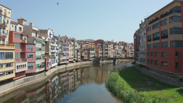 Drone Flight Over River Onyar and Girona Houses