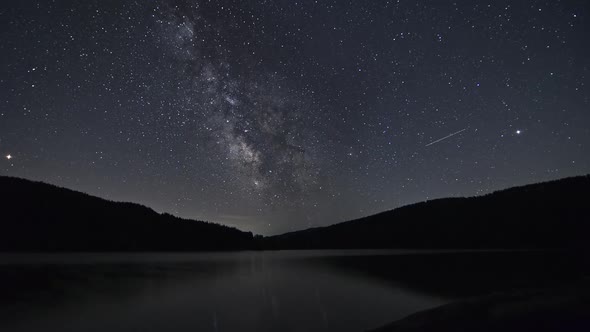 Stars, Planet Mars and the Milky Way over a Mountain Lake Night Time Lapse