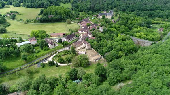 Village of Saint-Cyprien in Perigord in France seen from the sky