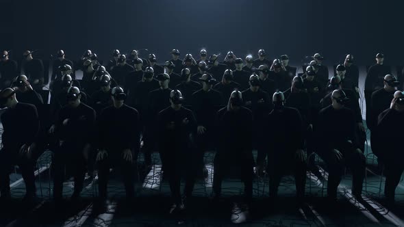 Group of people wearing VR headsets sitting in dark space. Futuristic media.