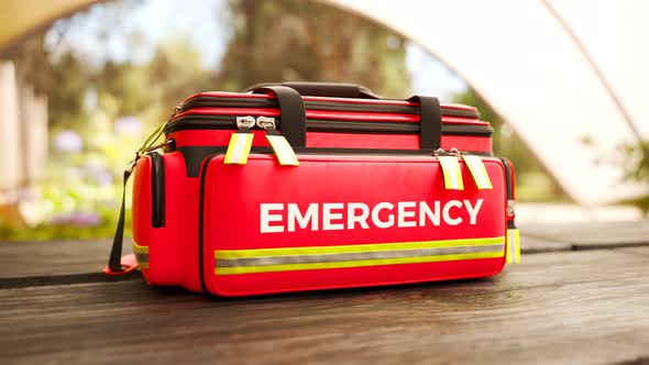 The red emergency first aid bag on a wooden table outdoors. Garden environment.