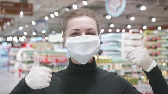 Pandemic Portrait of a Young Tourist Woman Wearing Protective Mask on Street Crowd People