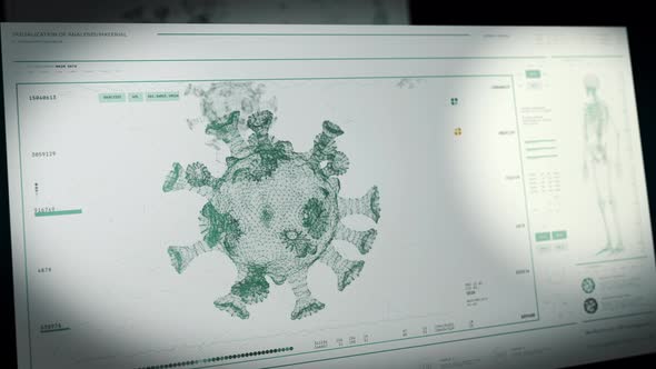 Futuristic Medical Analysis Interface Scans Microscopic Cell Of Coronavirus alt