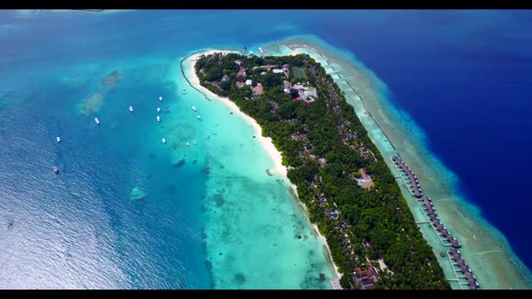 Aerial drone view scenery of idyllic tourist beach journey by blue water with white sand background 