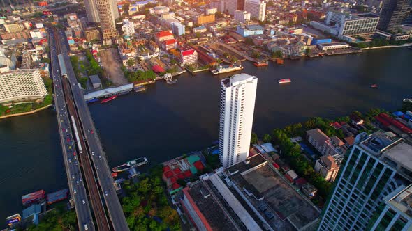 Aerial view over Bangkok city and Chao phraya river