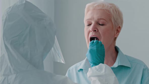 Portrait Old Woman Sick Elderly Lady Opens Mouth Doing Pcr Test Analysis for Coronavirus Medical