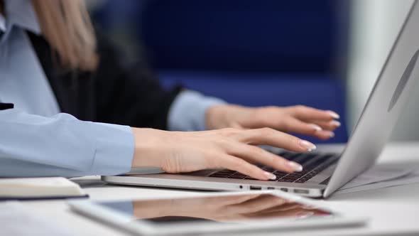 Closeup Beautiful Hands of Businesswoman Typing Message Chatting Keyboard Use Laptop at Office