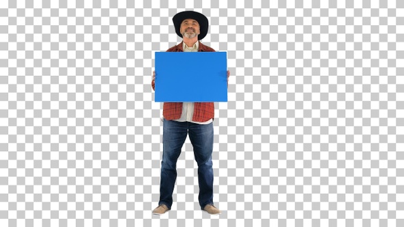 Senior farmer in a hat holding blank placard, Alpha Channel