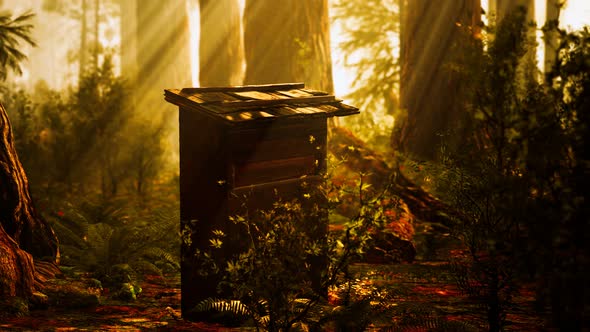 Old Wooden Beehive in Forest in Fog