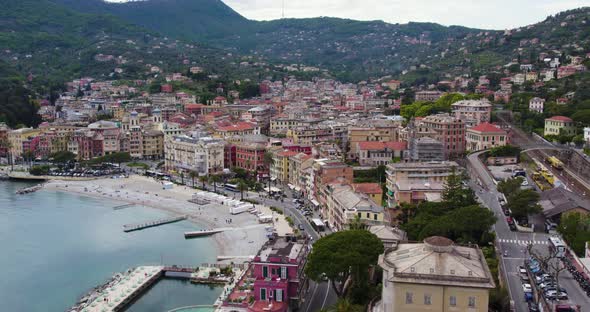 Touristic Beach at Coastal Town of Santa Margherita Ligure in Italy, Aerial