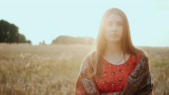 Close Up Face Beautiful Woman on Field Wheat on Sunset, Countryside Smiling Look at Camera. Organic