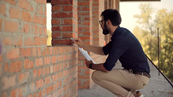 Engineer Builder In Hard Hat On Building Site. Construction Worker With Blueprints. Housing Project.