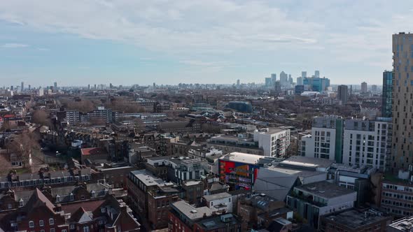 Descending drone shot of tower hamlets borough Canary wharf London