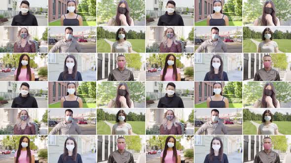 Compilation  Group of Multicultural People with Face Mask Looks at the Camera
