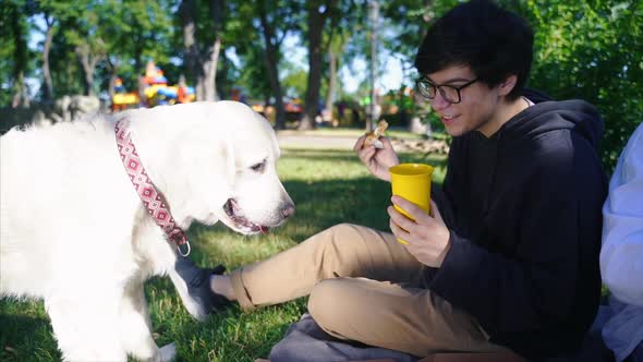 Company of Beautiful Young People and Dog Having an Outdoor Lunch