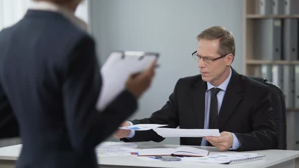 Business Man Worried About Work of Company Accountant, Low Income, Bad Results