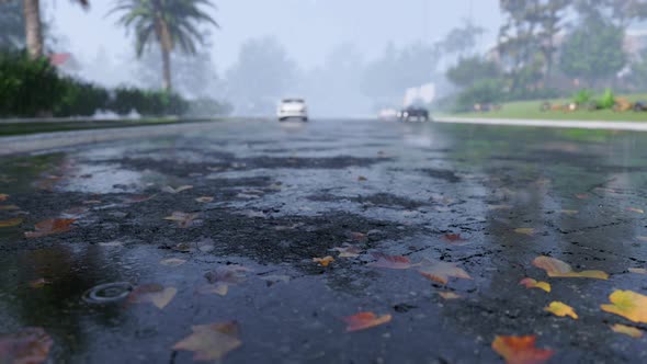 Autumn Leaves On Wet Road