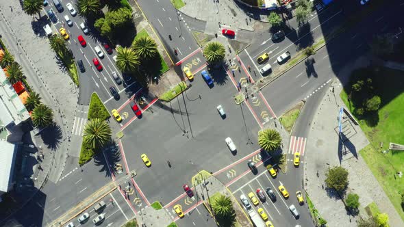 Aerial top down footage, turning around a large crossing