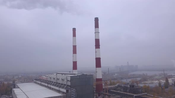 Smoke Comes From the Chimney. Aerial. Air Pollution. Ecology. Kyiv. Ukraine.