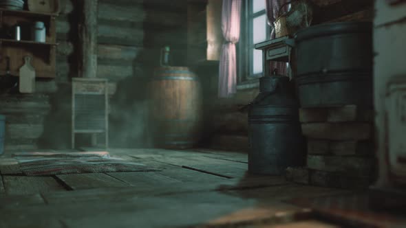 Dark Interior of Retro Log House alt