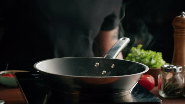 Frying Beef Cutlet in Pan Closeup