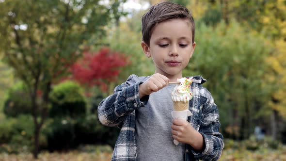 Cute child eating ice cream in the park on a warm sunny day.