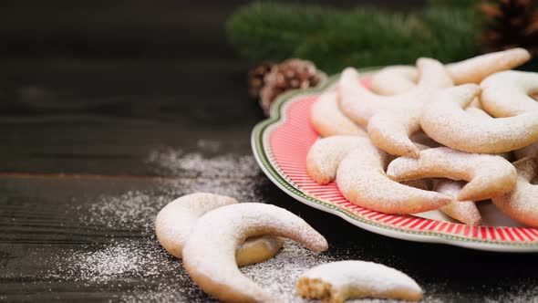 Plate Full of Traditional German or Austrian Vanillekipferl Vanilla Kipferl Cookies