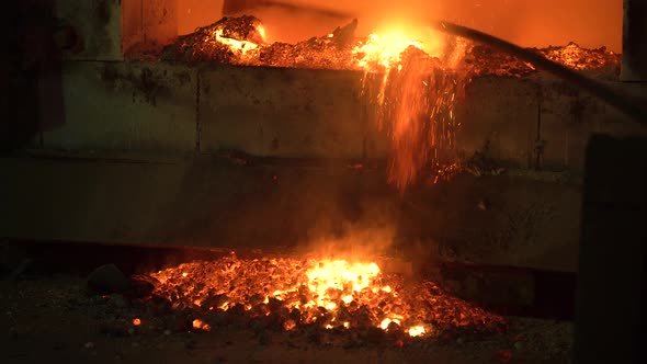 The Process of Melting Metal at the Plant in the Furnace. Workers Remove the Slag, To Obtain a Pure