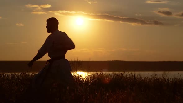 Silhouette of Man Training Karate at Sunset