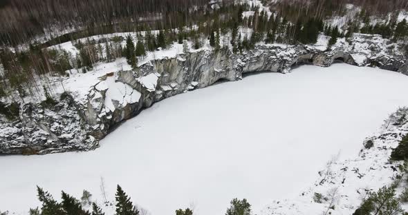 Marble Lake in Ruskeala Park in Winter  Aerial Shot