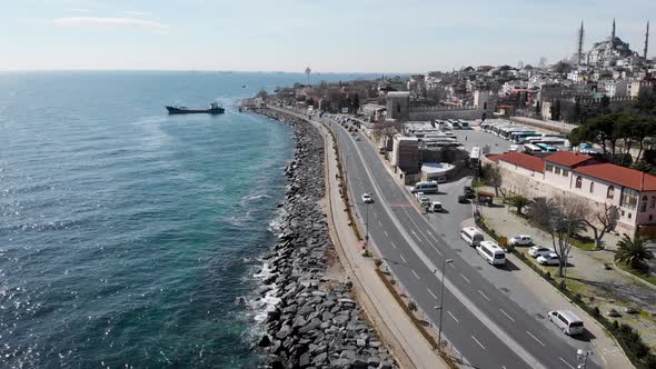 The Embankment and the Road of Istanbul. Aerial View of the Roadway and the Bosphorus