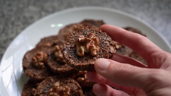 Freshly Homemade Baked Cookies Top With Walnuts. Close Up