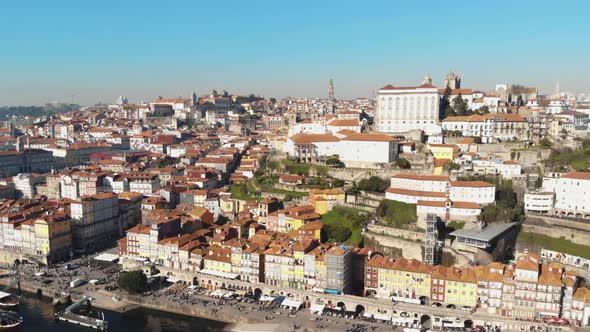 Panning shot of Porto Riberia and Douro river. Historical cityscape