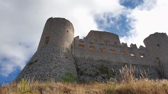 Low angle panning view of Ladyhawke castle at Rocca Calascio, Italy