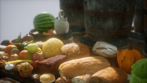 Food Table with Wine Barrels and Some Fruits, Vegetables and Bread