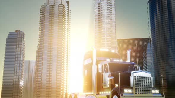 Lorry Truck and Skyscrapers at Sunset