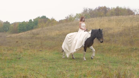 Red-haired Girl in Poofy Dress Is Riding Horse Along Field