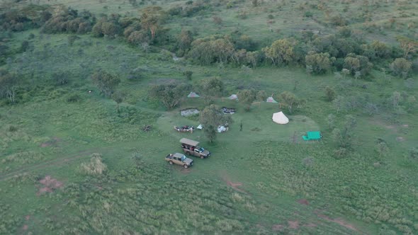 Luxury safari holiday bush camping in Laikipia, Kenya, Africa. Aerial drone view