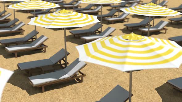 Empty Wooden Beach Chairs and Umbrellas on Sand