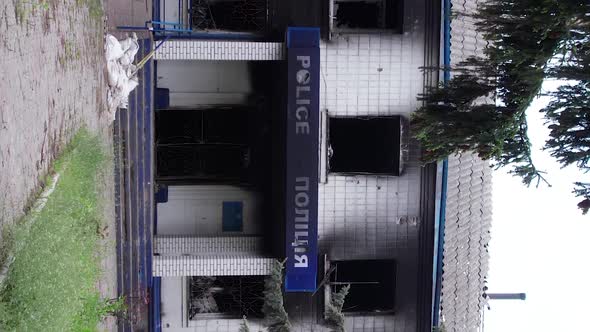 Vertical Video of a Burned Down Police Station in Ukraine During the War