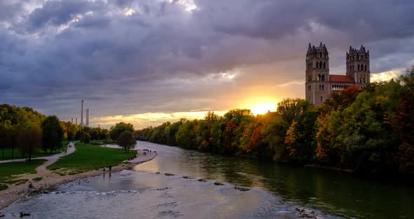 Timelapse of Munich at Dramatic Sunset: Autumn in Park of Famous Tourist Landmark Bavarian City