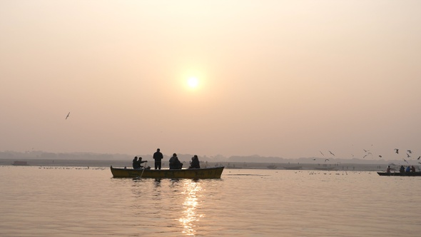 Boats floating, Ganges River, Varanasi, India