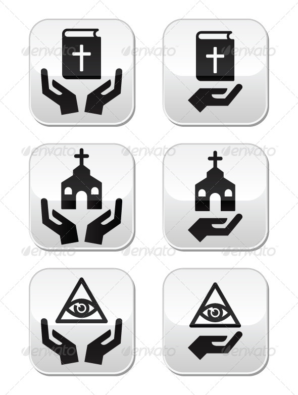 Religion Buttons - Hands with Bible, Church, Eye