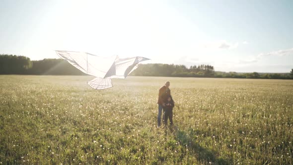 A Man and a Little Boy Fly a Kite An Eagle Flies in the Sky Bright Rays of the Sun Fly a Kite at