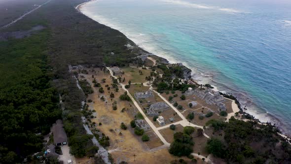 Aerial View of the Mayan Ruins of Tulum at Tropical Coast